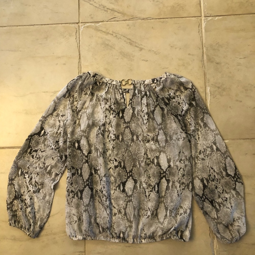 Ladies Blouse Sheer Elastic Bottom and Long Sleeves Jeweled Collar